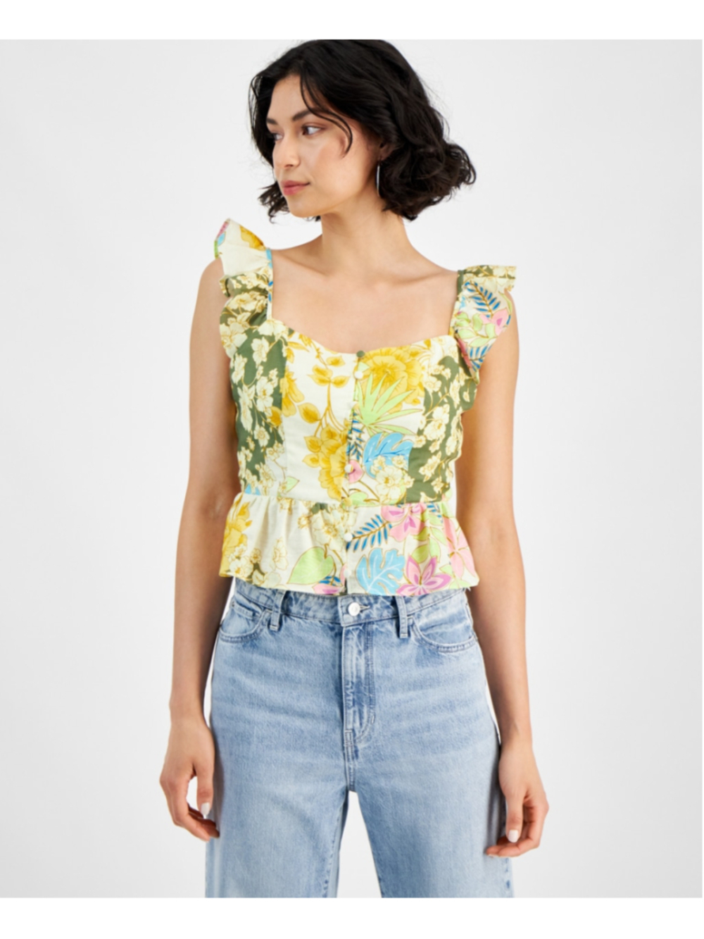 Guess Women's XL Green Floral Smocked Button-Up Peplum Top NWT